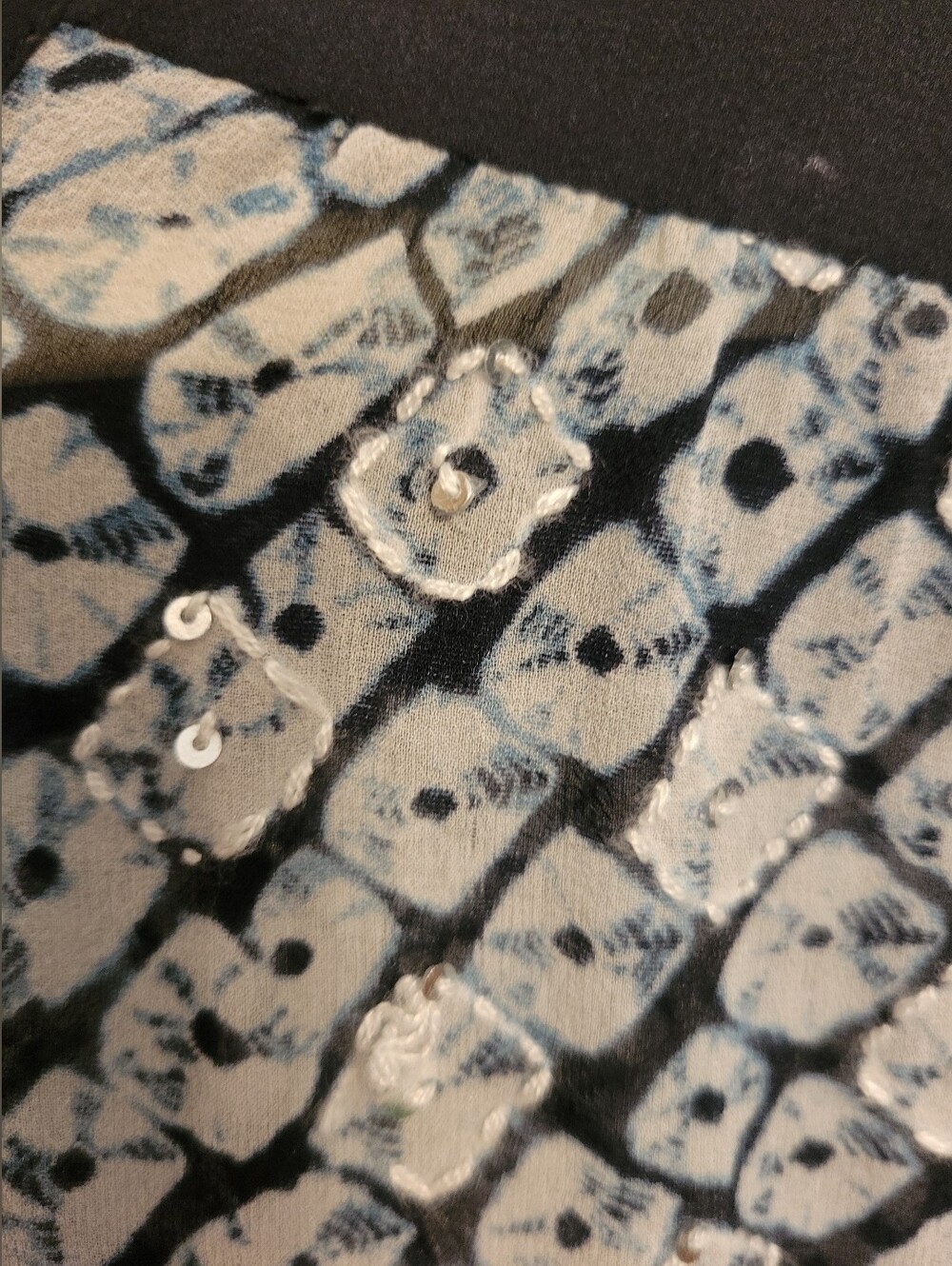 Calypso St. Barth Light Blue, Navy & White Patterned 100% Silk Long-Sleeve Top - Picture 9 of 9